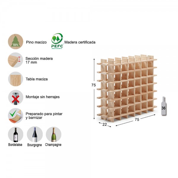 Botellero de pino macizo evolutivo rioja para 36 botellas 75 x 22 x 75 cm