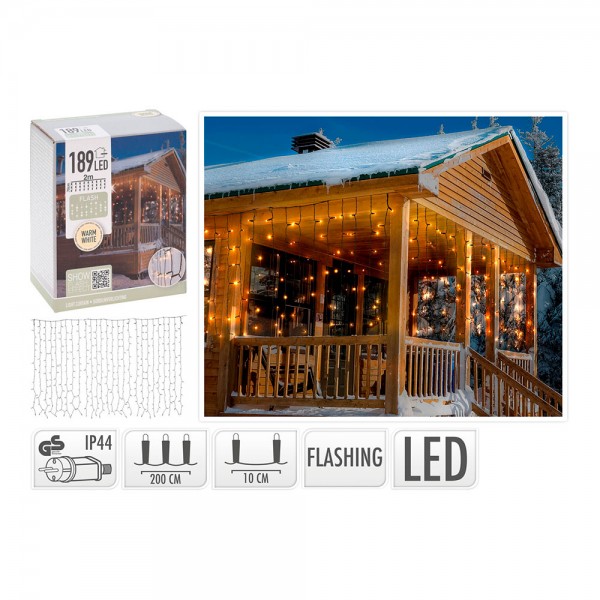 Cortina multifunción, exterior, flash, blanco cálido, 189 leds, 2 x 0,7 m