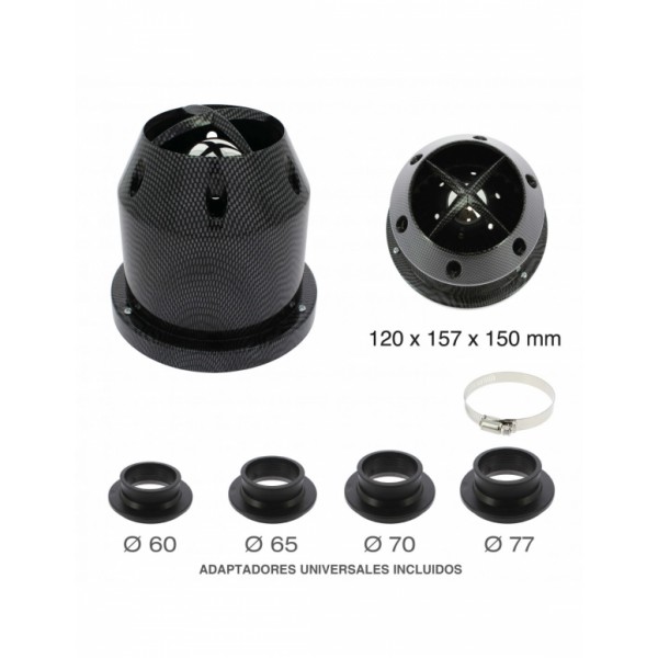 Filtro de Aire Universal para Coche Incluye 4 Adaptadores 60mm 65mm 70mm 77mm Color Carbono