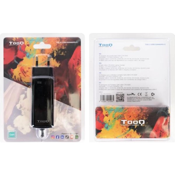 Tooq cargador portátil gan usb-c pd 65w cúbico