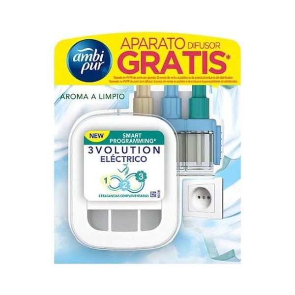 Ambientador eléctrico 3volution aroma limpio 3 fragancias aparato + recambio 21 ml